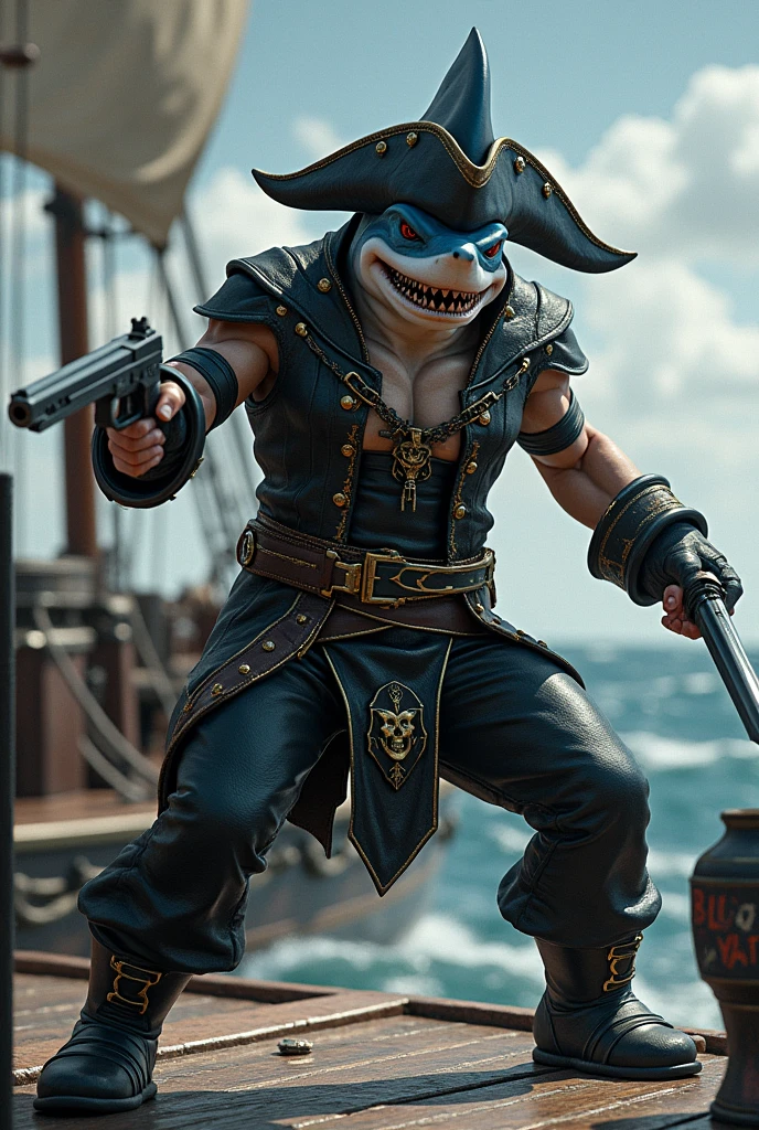 create a pirate hammerhead shark that wears a pirate outfit that has black leather features with gold details and his arms are uncovered, In the image he needs to hold a pistol in one hand and a sword in the other, while in a fighting stance with an angry facial expression, In the image he needs to be on a ship in the sea and he needs to have a powder keg with the symbol of bilge water
