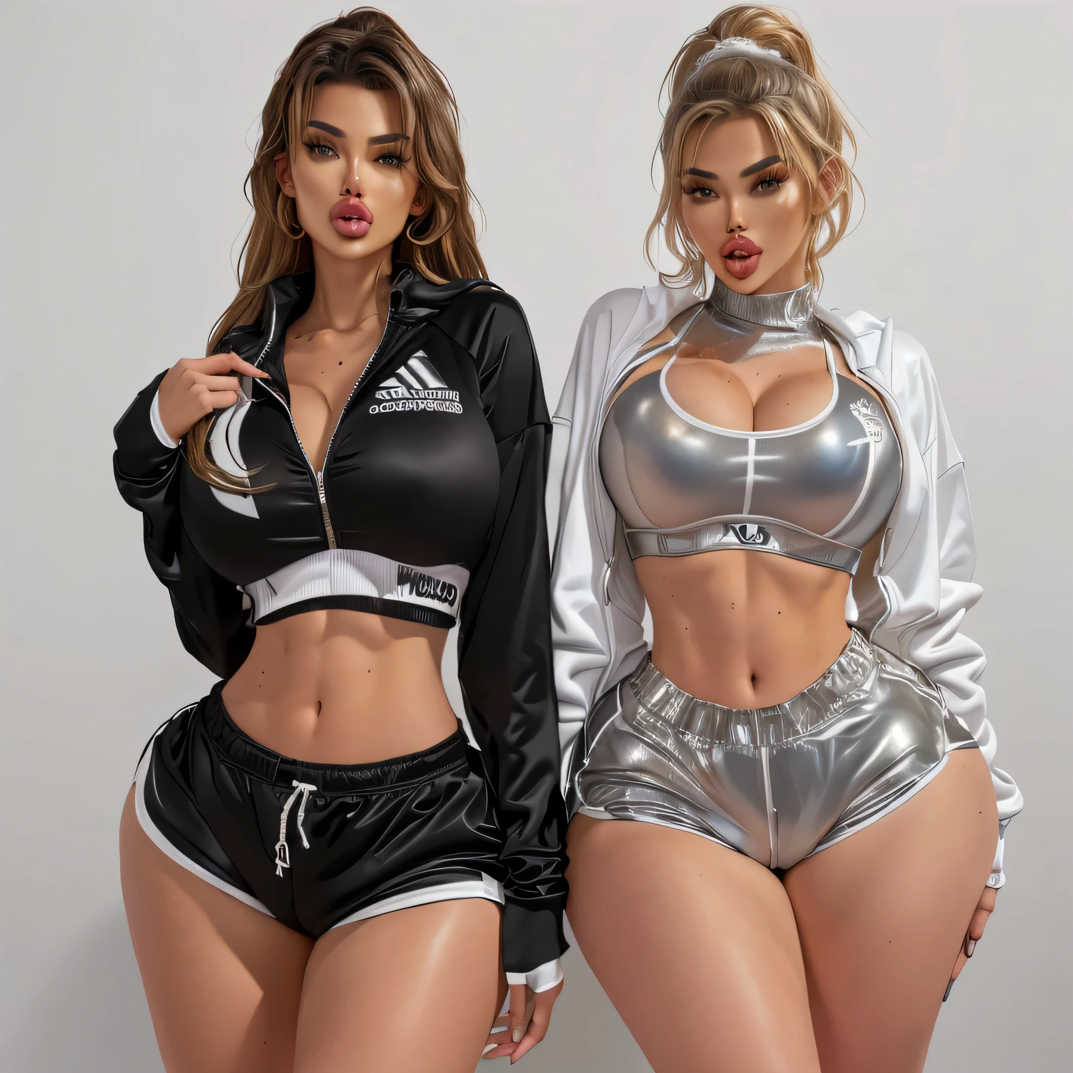 Two women in sportswear posing for a photo in a studio, chrome suit, a sheep, streetwear bra and shorts, realistic clothing, 👅 👅, CG, negro & white, Digital art. @mariomaniacdude, tumblr, inspired by Esaias Boursse, Inspired by Wang Duo, katelynn mini lindo estilo, Cute sportswear