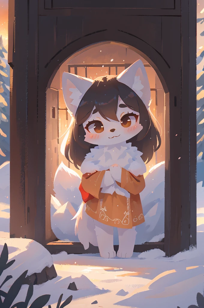 A furry arctic fox hugging a fluffy black-furred wolf, cute, chibi, couple, detailed digital painting, highly detailed, intricate details, soft lighting, warm colors, cinematic lighting, masterpiece, best quality, 8k, ultra-detailed, photorealistic, vivid colors, fantasy, whimsical, adorable, endearing