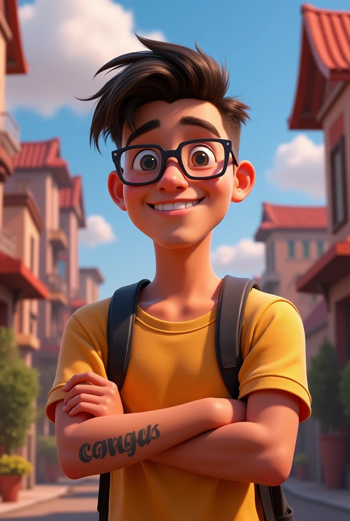 Pixar-style: 20-year-old guy, really short hair, transparent rectangular glasses and smiling and with arms crossed with a tattoo on the right arm written "closed body"