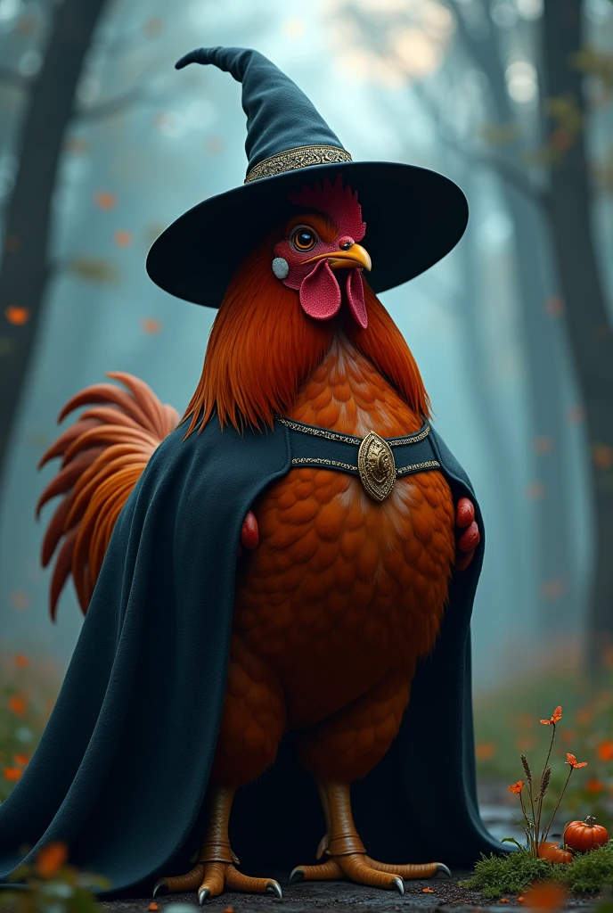 Create an adult chicken wearing witch clothes