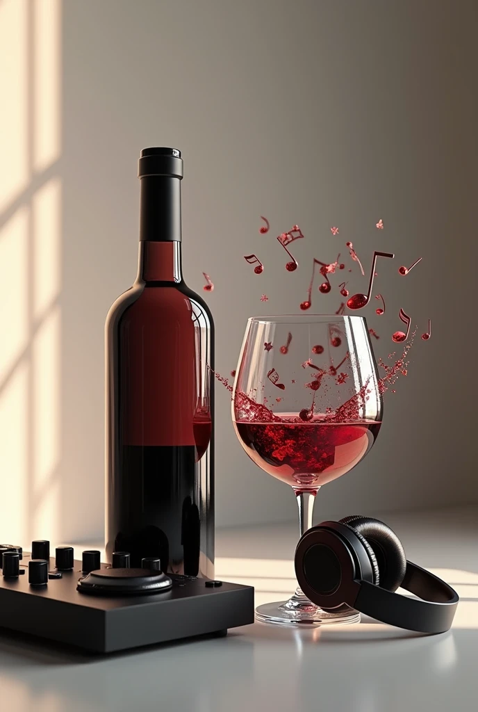a bottle of wine and a glass full of musical notes
a pair of headphones inside the glass
A ddj 1000