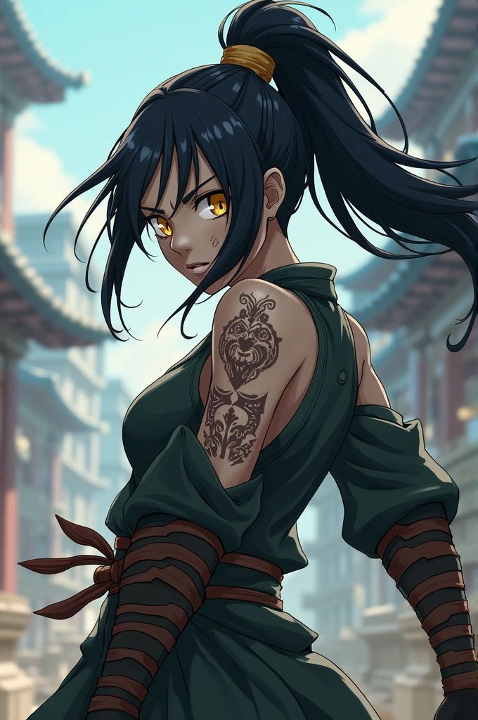 Physical description: Drog is a half-orc ninja of agile and muscular build, with grayish skin and scars that crisscross her face, a testament to her hard training. his eyes, With a vibrant yellow, reflects a sharp intelligence, while her black hair, tied in a high ponytail, allowing her to move unimpeded. Make it anime style