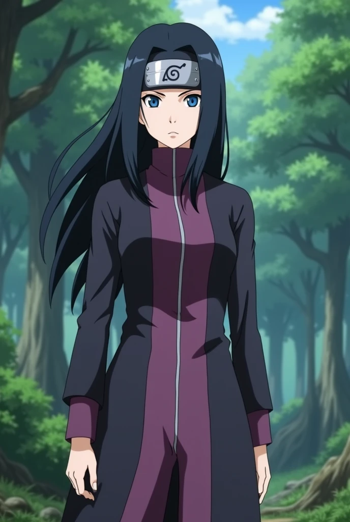 Screenshot, naruto anime style, a girl woman, pale white skin, medium height, blue eyes, black hair, long, loose, without flinching, purple and black ninja clothing, with ninja band, In a forest
