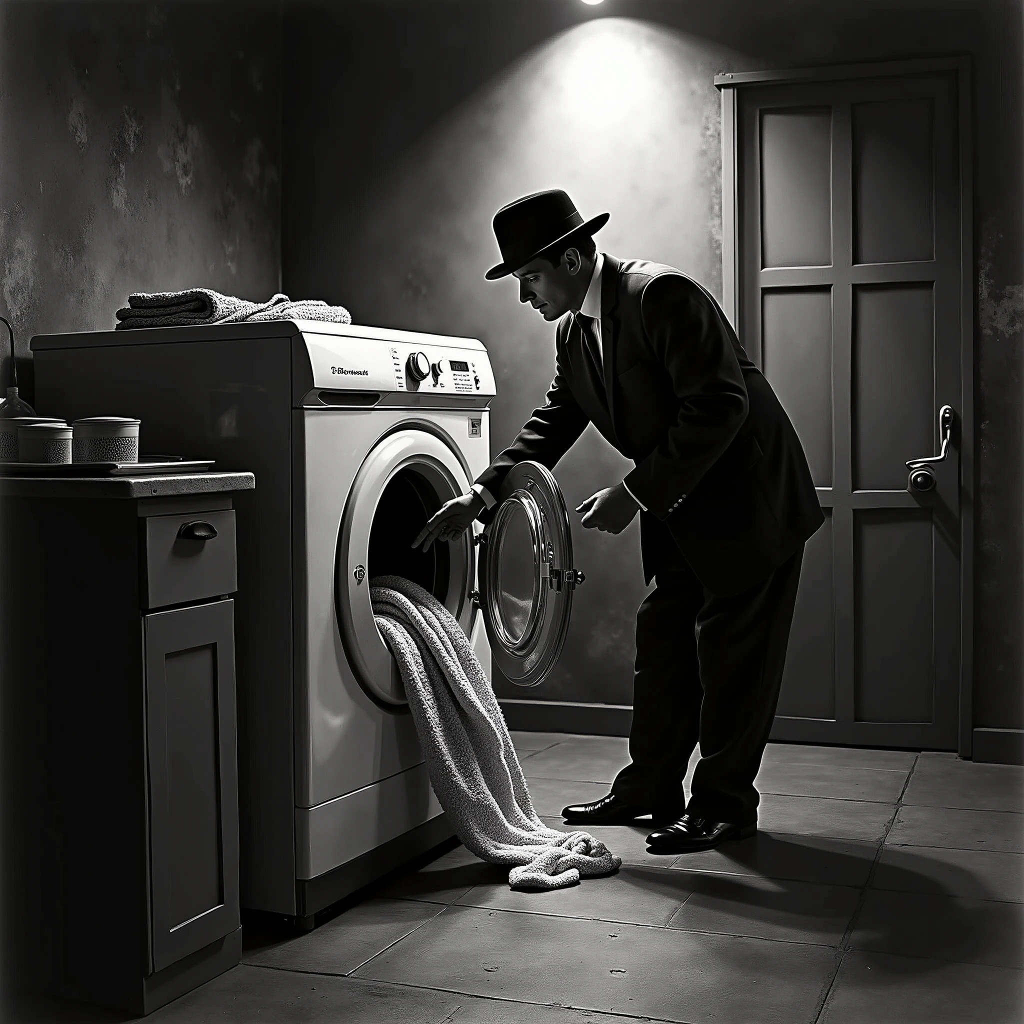 Filmposter mit Titel „Dye another Day“. Secret agent fills washing machine at night. Spotlight. Black and white in 50s style. DDR. comic