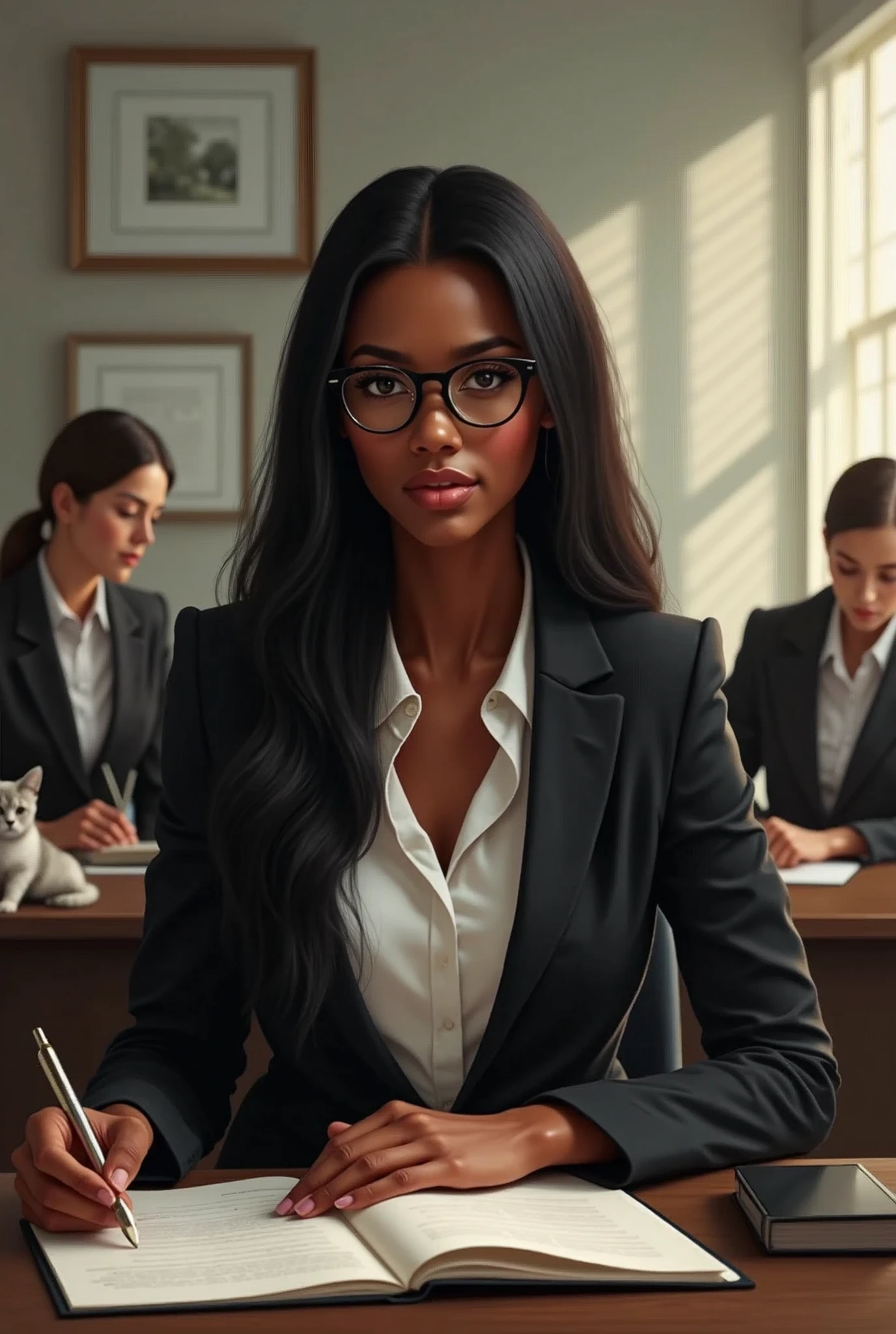 black skin woman, Lips rotated, long straight hair, with prescription glasses, Secretary sitting writing with a cat on the desk