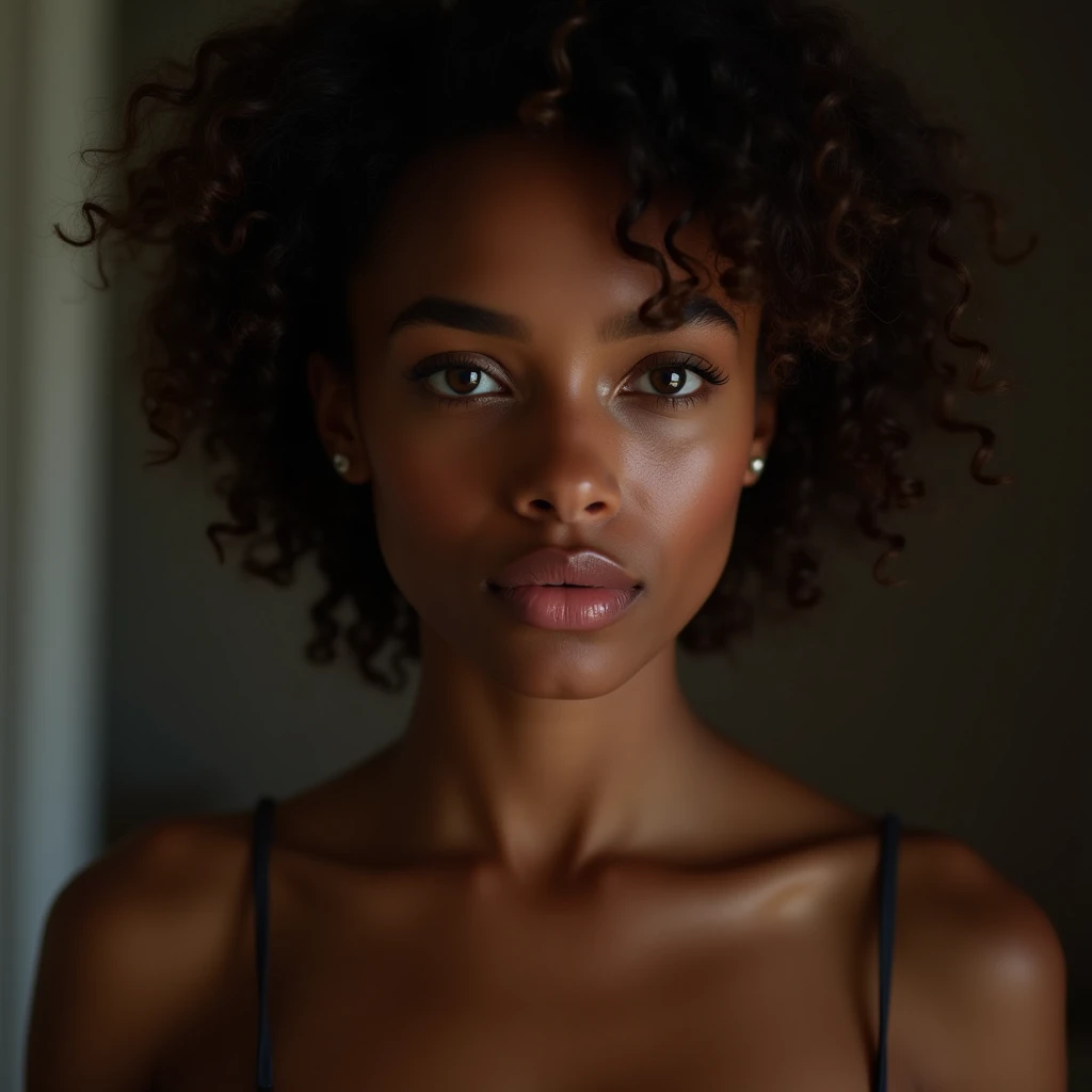 A young woman with dark skin, curly hair. Elle a les yeux marrons, photo lumineuse . She is in her underwear. She has full lips. La photo est hyper realiste. Qualité d’image maximum