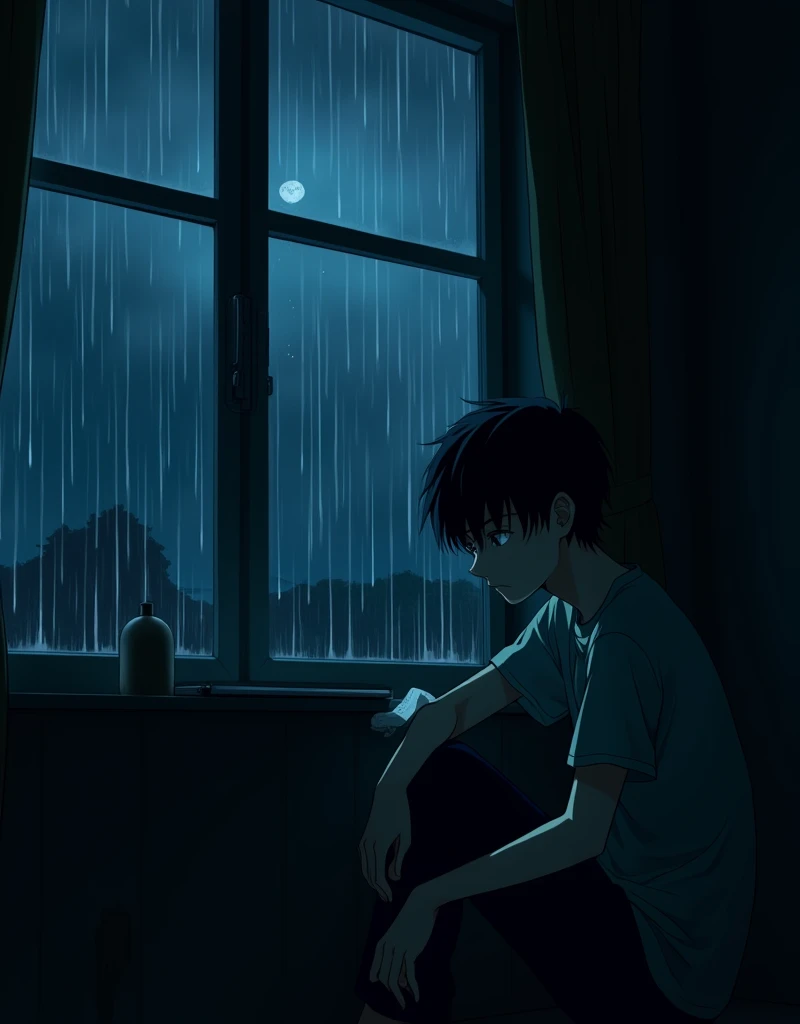 create a anime type landscape image, sad guy , little older than sitting beside window , dark light, Shady room, raining outside , midnight,4k, ultra HD, HIGH QUALITY, 8k,