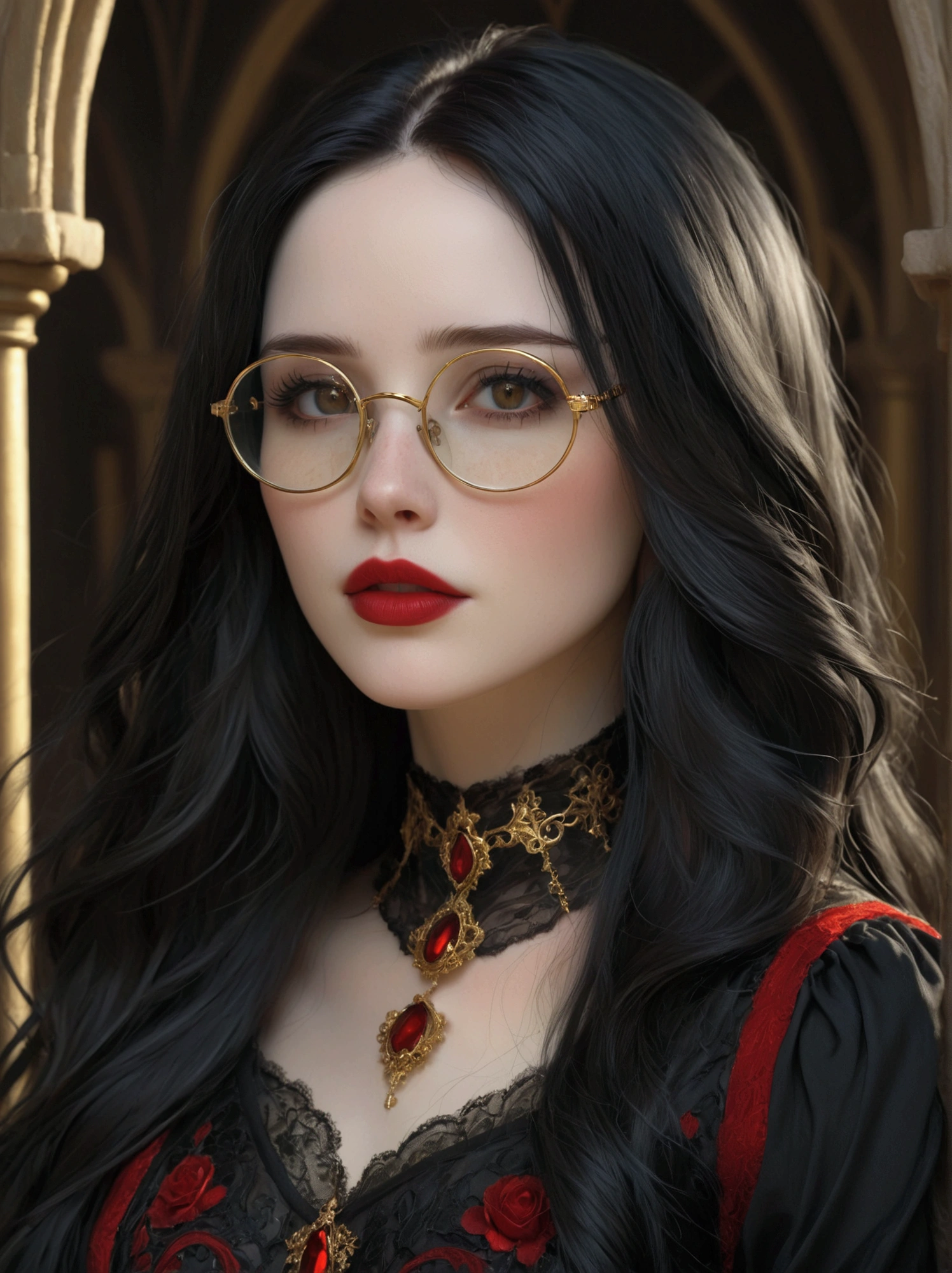 Very beautiful gothic girl, pale skin, red mouth, with long beautiful black hair, wearing a very beautiful long black and red gothic dress, gold thread details, wearing transparent glasses, ultra hd, realistic, vivid colors, highly detailed, perfect composition, beautiful, intricate, intricate and insanely detailed, octane rendering trend in artstation, 8k artistic photography, photorealistic concept art, chiaro-escuro light, perfect soft natural volumetric cinematic, Mysterious.