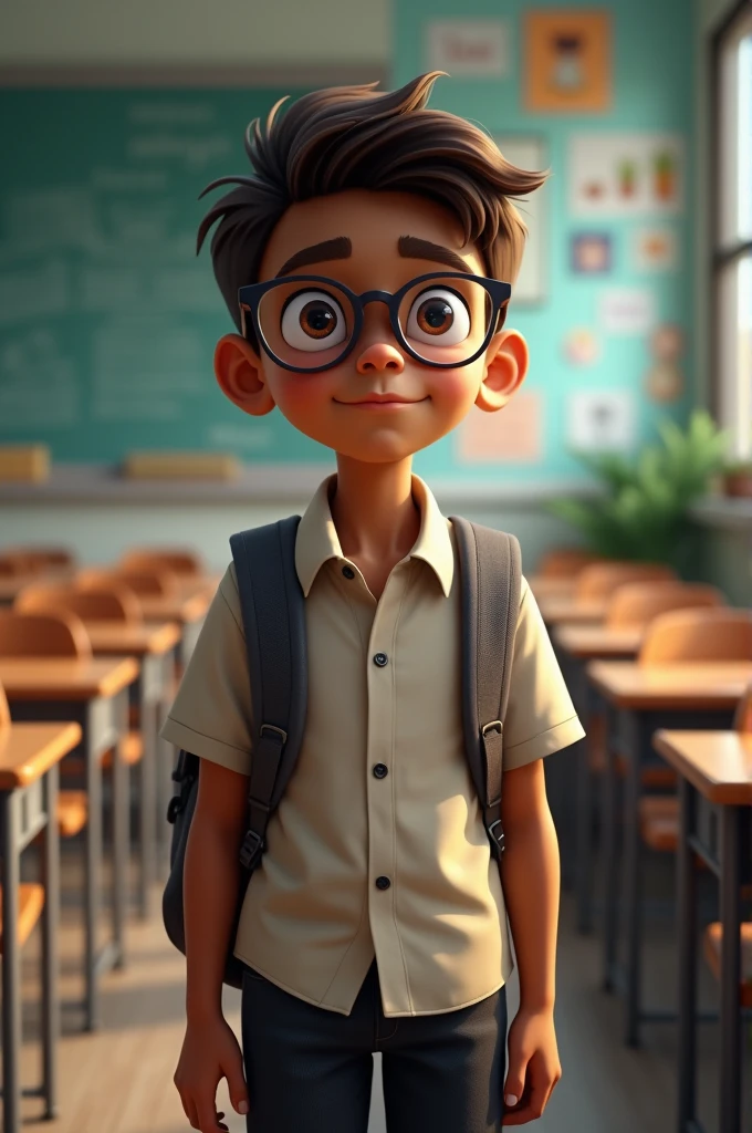 Brown-skinned boy wearing glasses with his backpack in the classroom