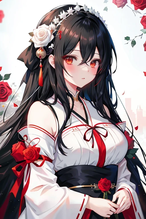 Anime girl with long black hair and a white dress with red roses ...
