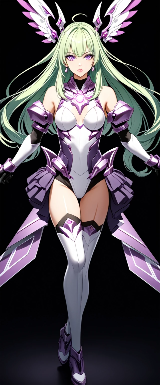 (Perfect Anatomy)、Mastepiece、Ultra High Quality、 8k、masterpiece、Highest quality、Ultra-high resolution、Maximum resolution、Very detailed、Professional Lighting、anime、woman、thin、Very beautiful face、Beautiful eyes、(Highly detailed eye)、Highly detailed face、Frustrated face、Grit your teeth、White and purple enamel high leg leotard、Purple pattern、((Cyber Armor))、Shiny Armor、White decoration、Cyber Headgear、Shoulders show skin、Golden earrings、Green Hair、long hair、Purple Eyes、Medium breast、Pink Lips、White cloak、With a shiny shield、Has mechanical wings on his back、Dynamic Pose, Summoning a magic sword, energy sword, mechanical wings, , contouring, makeup, eyeliner, eye shadow, pink cheek, pink lips, full body