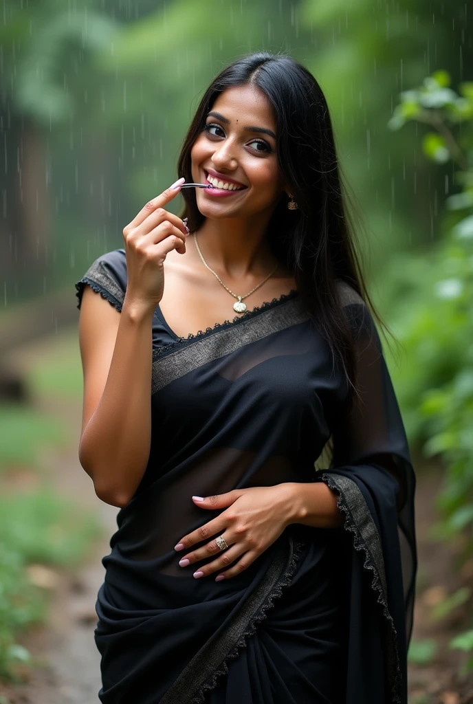 Sexy Indian girl big eyes, big boobs, black saree smiling with a penis in hand, tall, 27years outdoor, rainy weather, licking finger