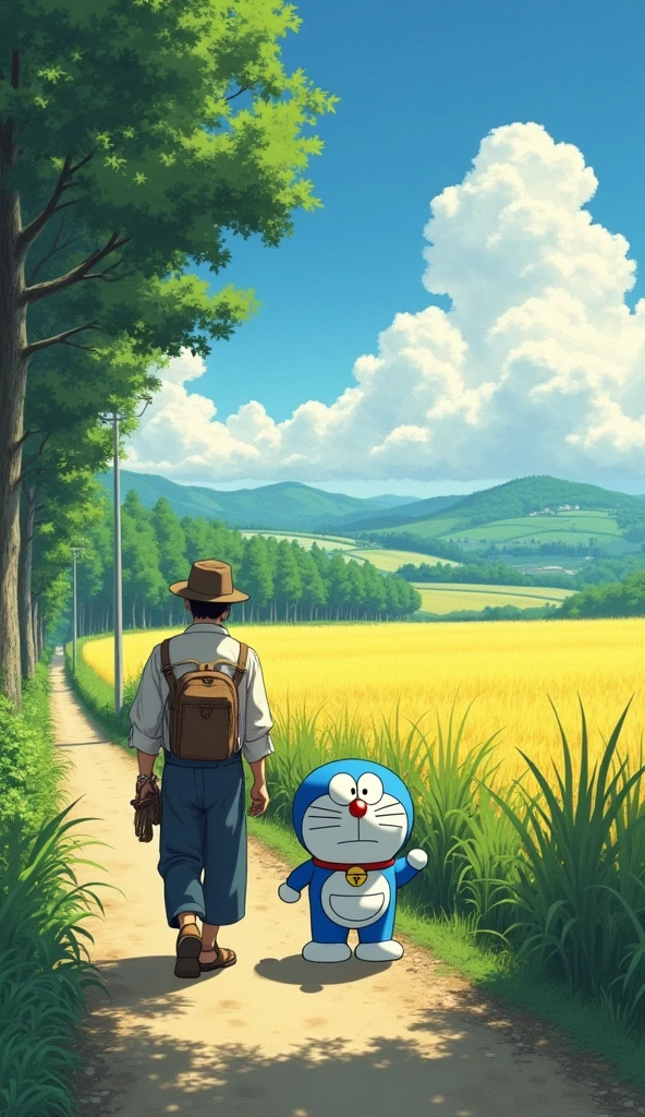Doraemon and the farmer went home, In between are trees and rice