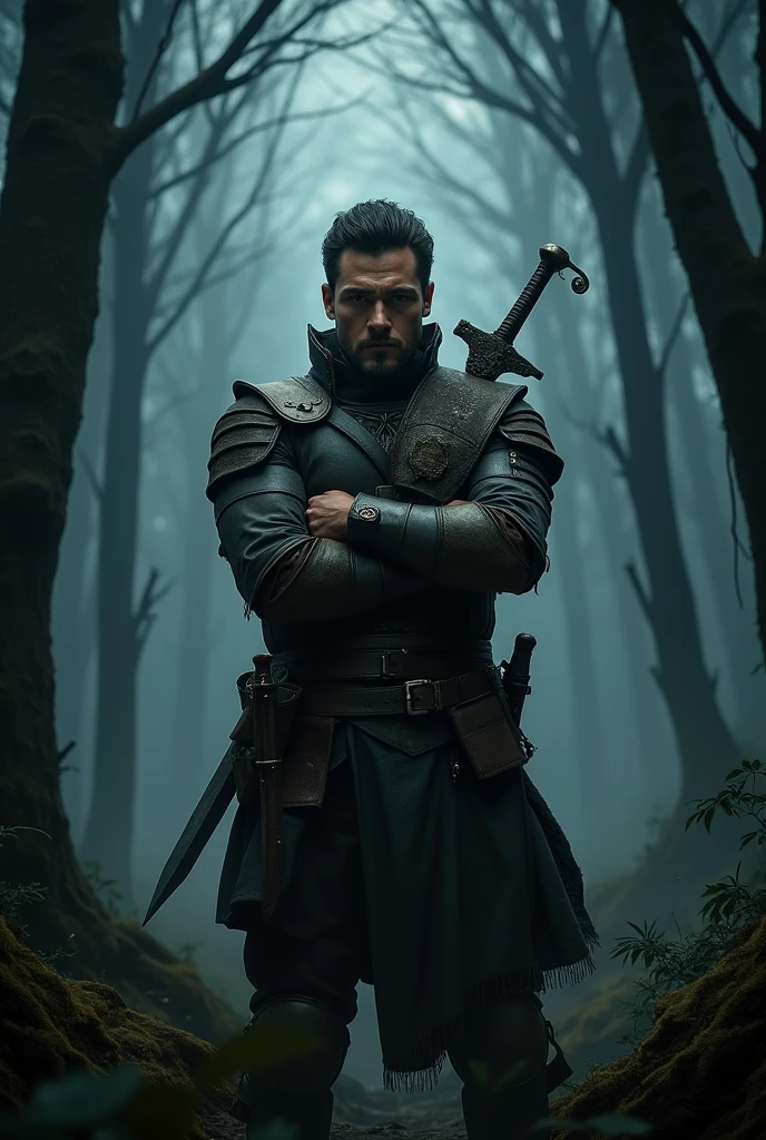 Draw actor Karl Urban as a Dungeons and Dragons ranger, with arms crossed, looking forward as if it were the presentation of a series. in the background a forest at night is sinister