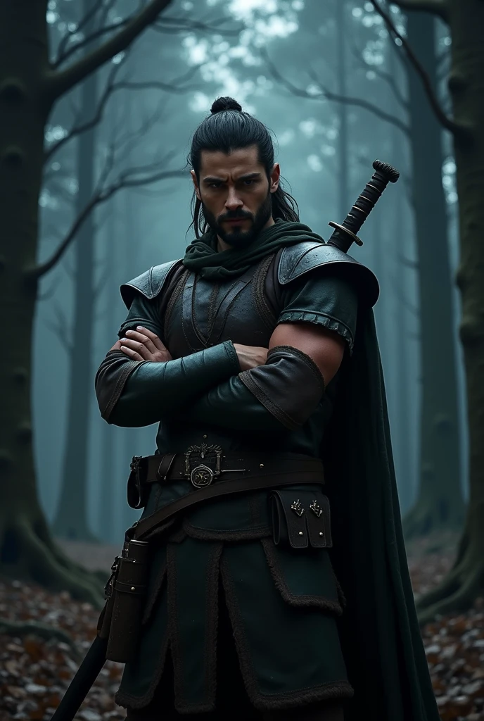 Draw actor Karl Urban as a Dungeons and Dragons ranger, with arms crossed, looking forward as if it were the presentation of a series. in the background a forest at night is sinister
