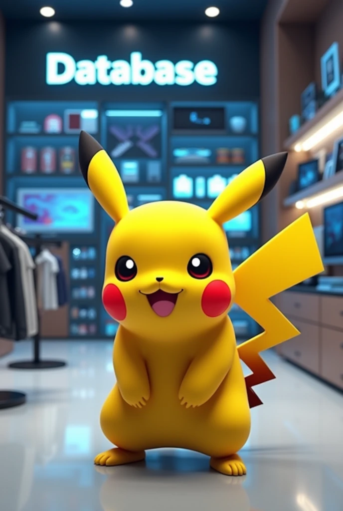 Slogan for a store called " database" and that pikachu in the background