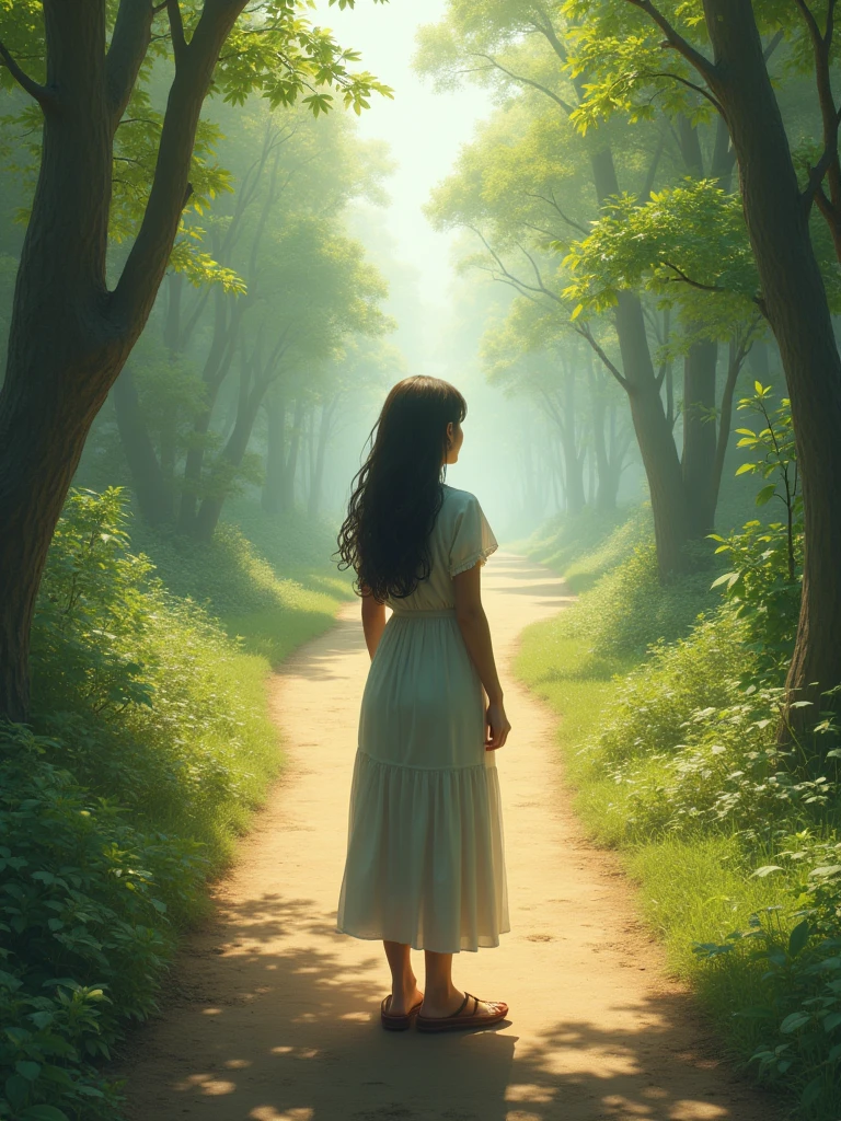 realistic image of a woman with her back turned, looking at two paths she can take