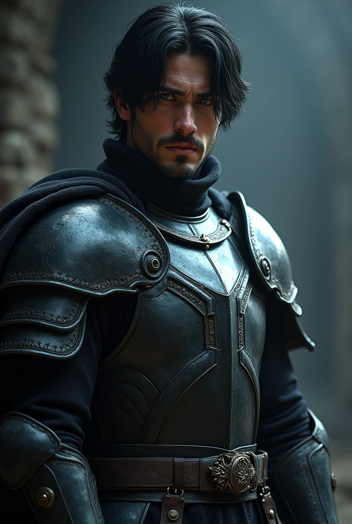 (photorealism:1.2), Attractive man, serious, black hair, blue gray eyes, Tez blanca, with full armor, and shadows coming out of his hands