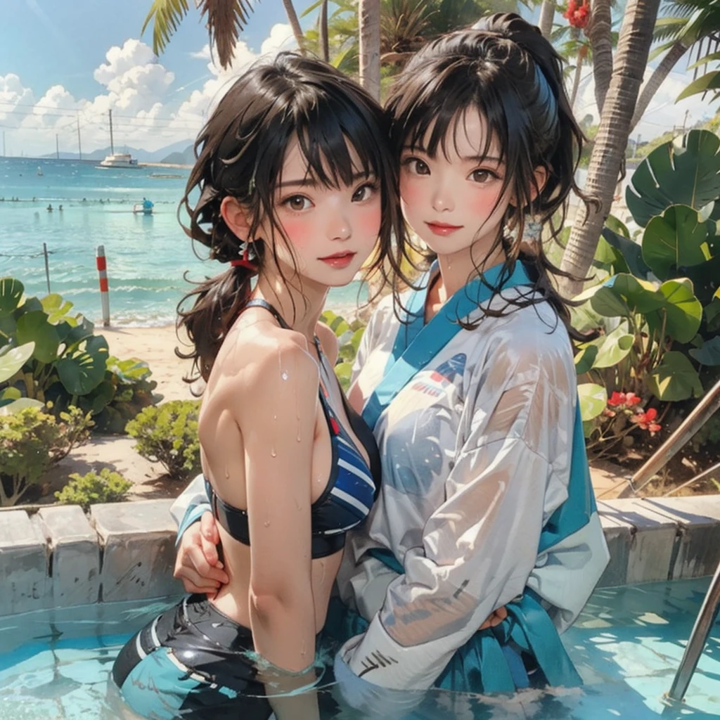 ((highest quality, masterpiece, High resolution)), ((reality)),Photos of beautiful Japanese women,((anime art))、 (((1 girl))), normal size breasts, slim body shape, long ponytail,double eyelid, Wet see-through bikini, A pareo with bold ethnic patterns and plenty of primary colors、(Brown skin:1.4),realistic skin、Wet,whole body,cinematic light、tropical、Against the background of palm trees on both sides、on a sunny beach、With the sea in the background、blur background、smile