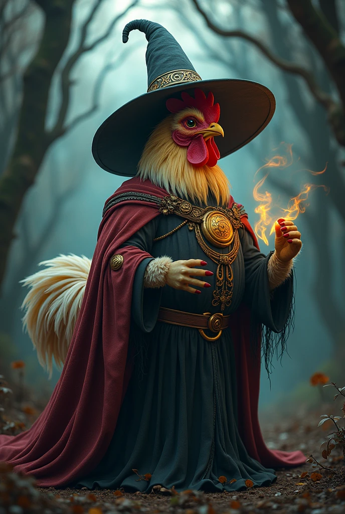 A black man with a thin beard, green robe-type shirt, black Panama hat with red stripe, evil looking and smoking a pipe in the woods holding a rooster