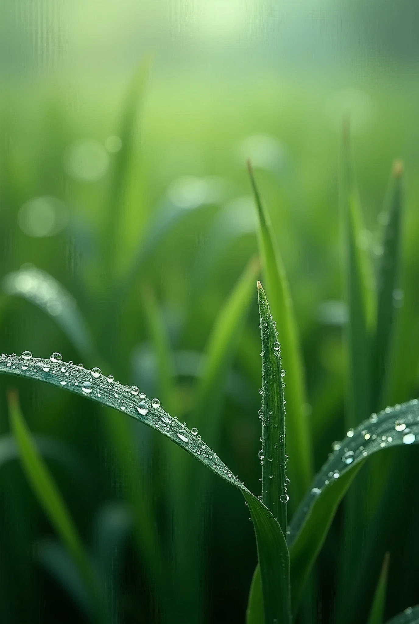The wallpaper appears to be blades of grass with water droplets on them.
