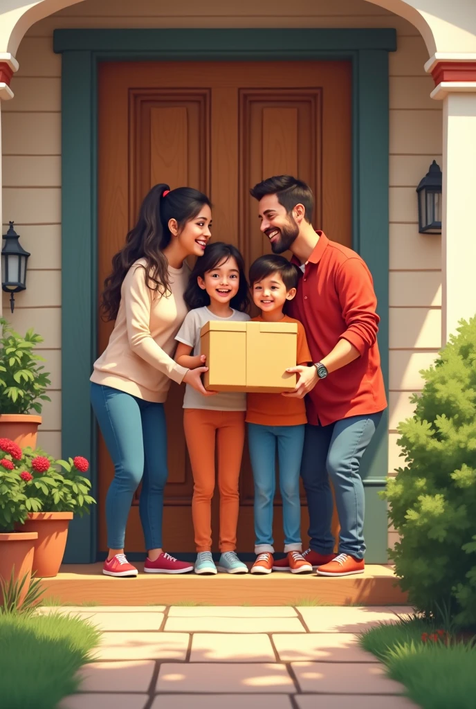 I want an image where there is a happy family. That they are receiving their order at their doorstep