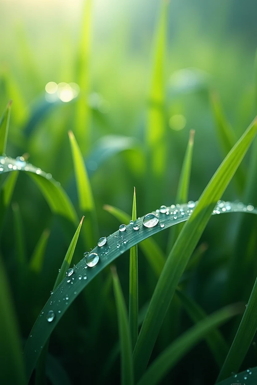 The wallpaper appears to be blades of grass with water droplets on them.