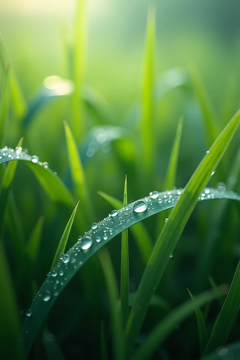 The wallpaper appears to be blades of grass with water droplets on them.
