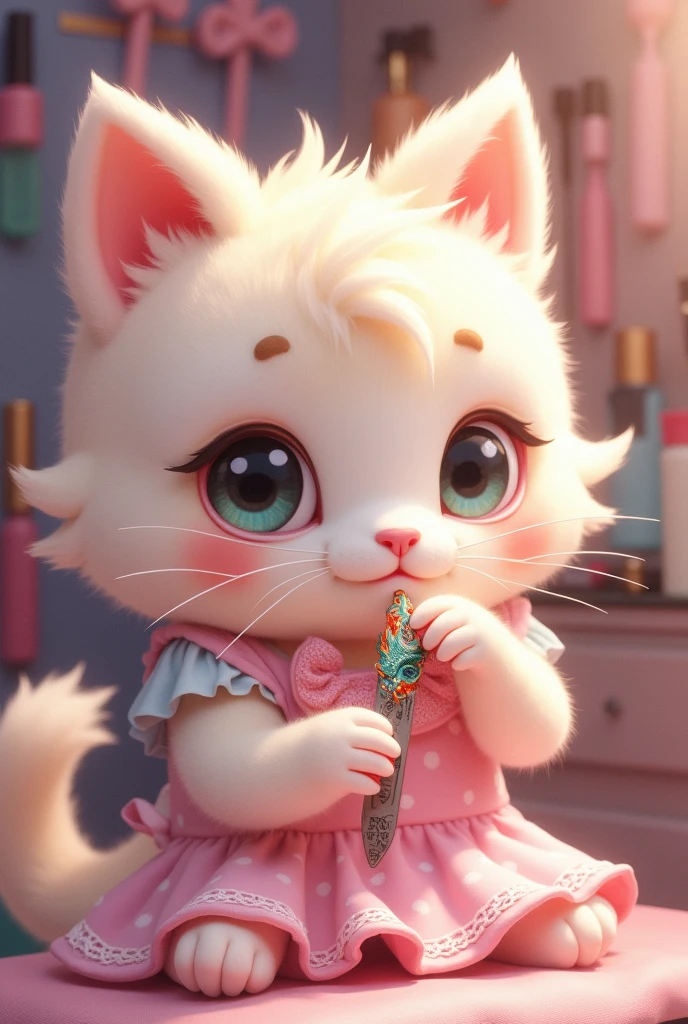 A KAWI MOCHICAT WITH ITS MANICURIST APRON GRABBING A FILE, DESIGNING DRAGON NAILS