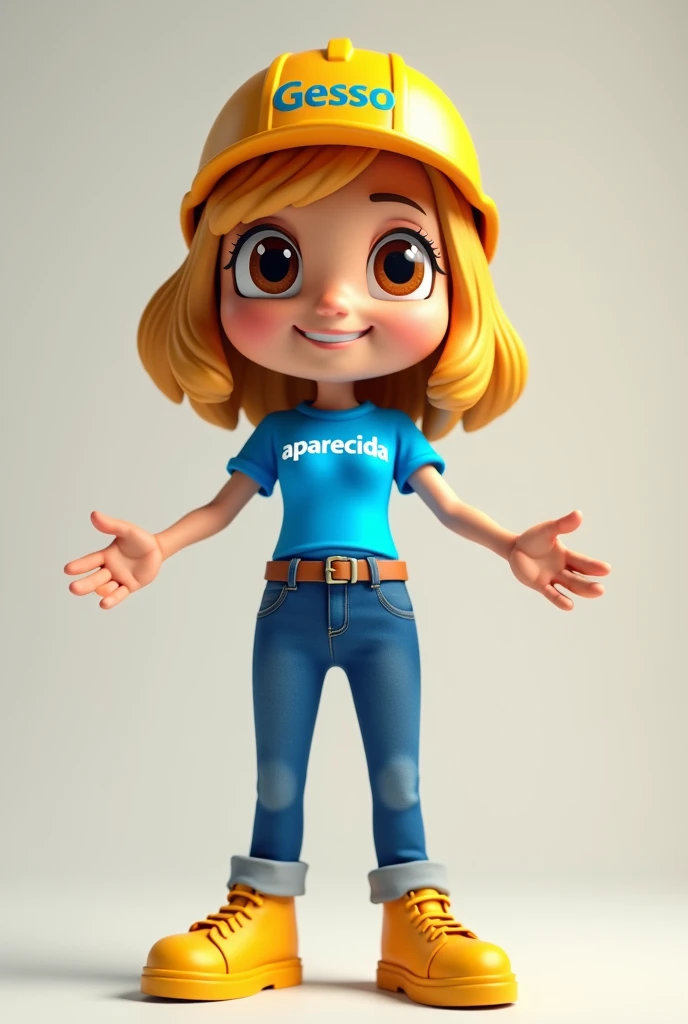 I want a mascot that is a woman with shoulder-length blonde hair, chestless, com os olhos castanhos, blue blouse with the inscription 'Gesso Aparecida' in white, builder hat, blue jeans and yellow sneakers and hands away from the body 