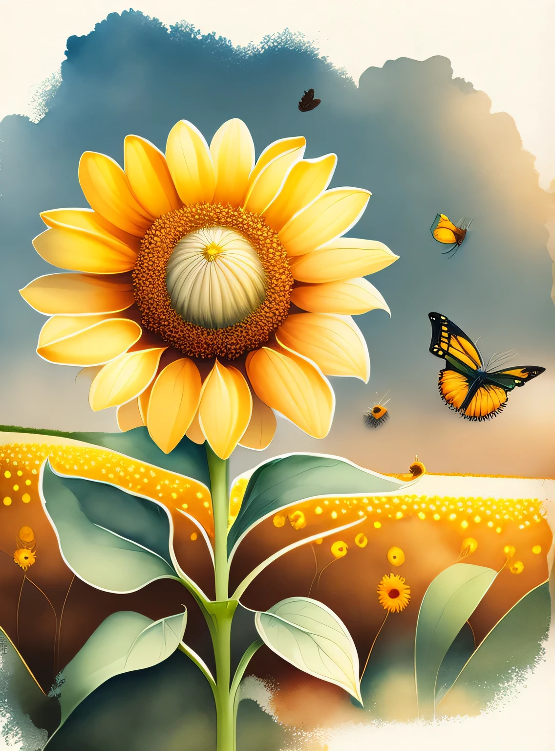 A realistic minimalist sunflower flower in a field of flowers, butterflies in the garden, masterpiece, in an autumn landscape, warm colors, watercolor style, T-shirt design, rzminjourney, vector art