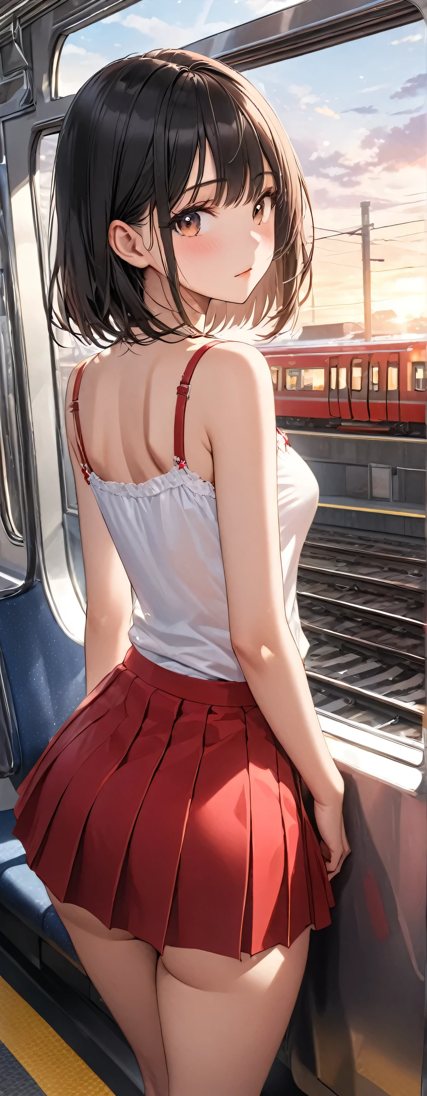 masterpiece, Highest quality, Ultra-high resolution, (beautiful girl: 1.3), Highest quality,8k,Highly detailed CG unit wallpaper,masterpiece:1.2,Ultra-high resolution,RAW Photos,Black Hair, Bobcut,Long eyelashes, Round eyes,drop shadow, White camisole,Red mini pleated skirt,Looks 20 years old,(butt crack,1.8),evening,e235, train interior, scenery, seat, reflection, window, reflective floor, posters (object),(((Big round ass)),)She is standing,She has her back to me and is staring out the window at the train.,(From behind:1.8), (Gazing into the distance:1.3),