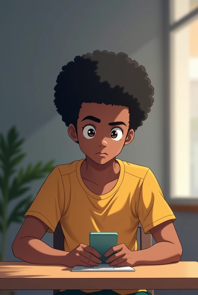 One male hair Afro anime character on the table empty looking at screen