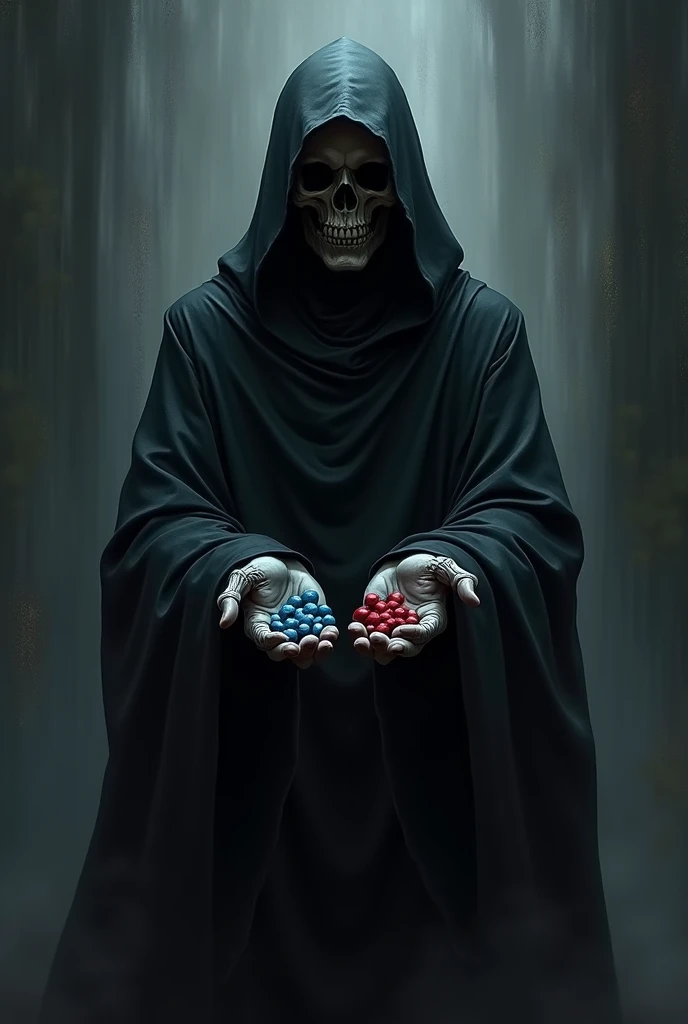 dark reaper with a blue pill in his left hand, and a red one in his right hand, on a dark and scared background