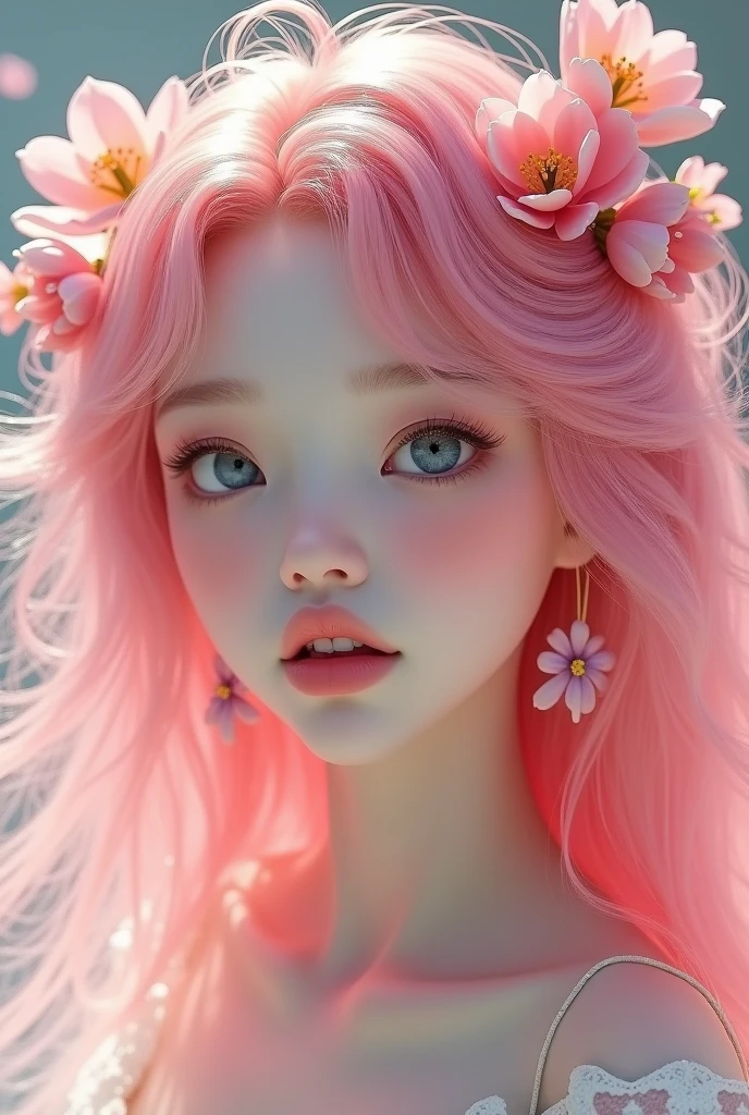 A gorgeous girl, beautiful, baby face, 20 years, white skin, with pink hair and flowers in her hair.