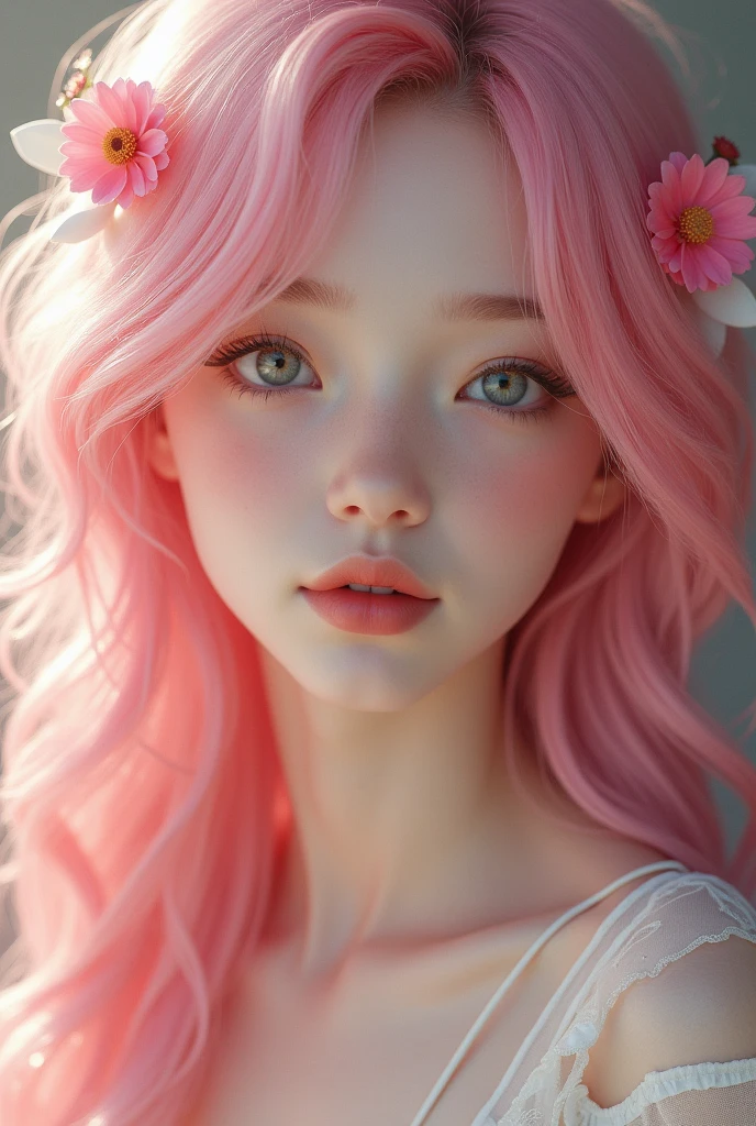 A gorgeous girl, beautiful, baby face, 20 years, white skin, with pink hair and flowers in her hair.