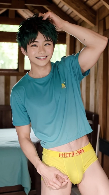 Japanese men、、Well-developed muscles and smooth skin、Fluffy, voluminous green hair、Yellow Boxer Briefs、You can see the whole body from head to toe.、Smiling softly、Hero Academy、In the forest barn