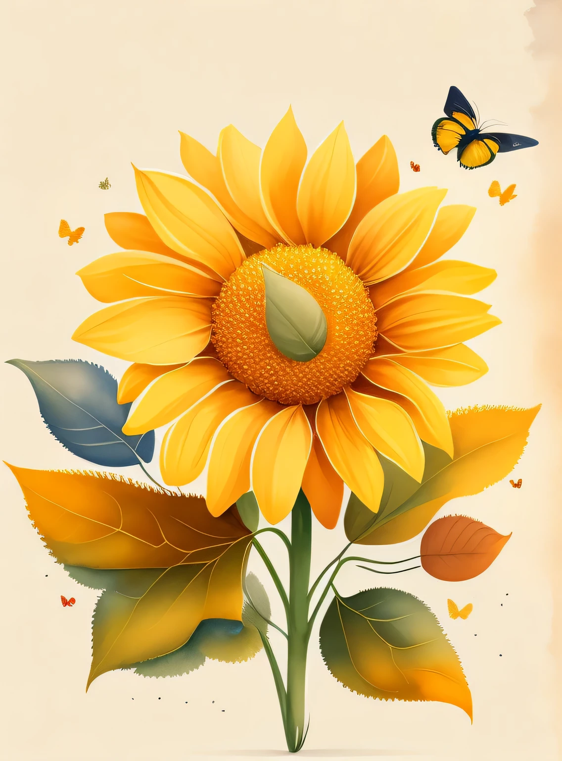 A realistic minimalist sunflower flower in a field of flowers, butterflies in the garden, masterpiece, in an autumn landscape, warm colors, watercolor style, T-shirt design, rzminjourney, vector art