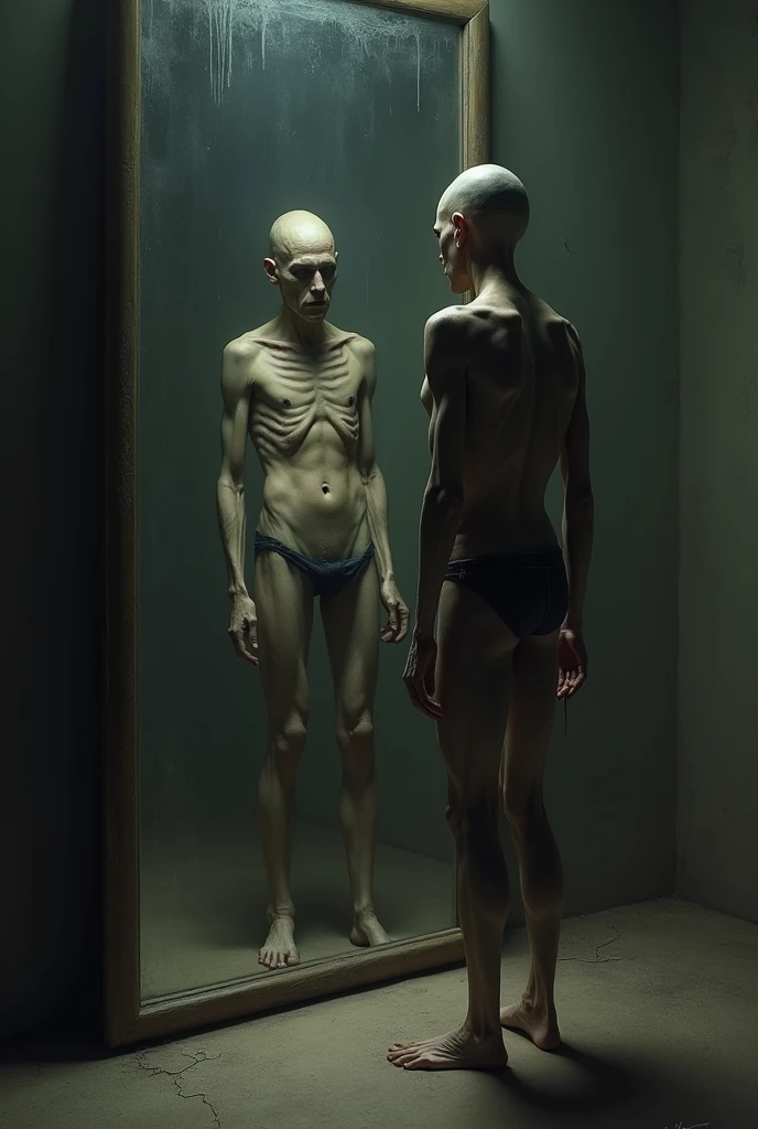 A malnourished person posing in the mirror