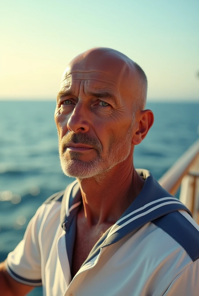 Tired 50-year-old man, bald head glistening in the sunlight, wearing a white sailor shirt with blue stripes. Standing on the deck of a luxury cruise ship. A hyper-realistic style capturing every wrinkle, pore and drop of salt. Mediterranean background, golden hour lighting.