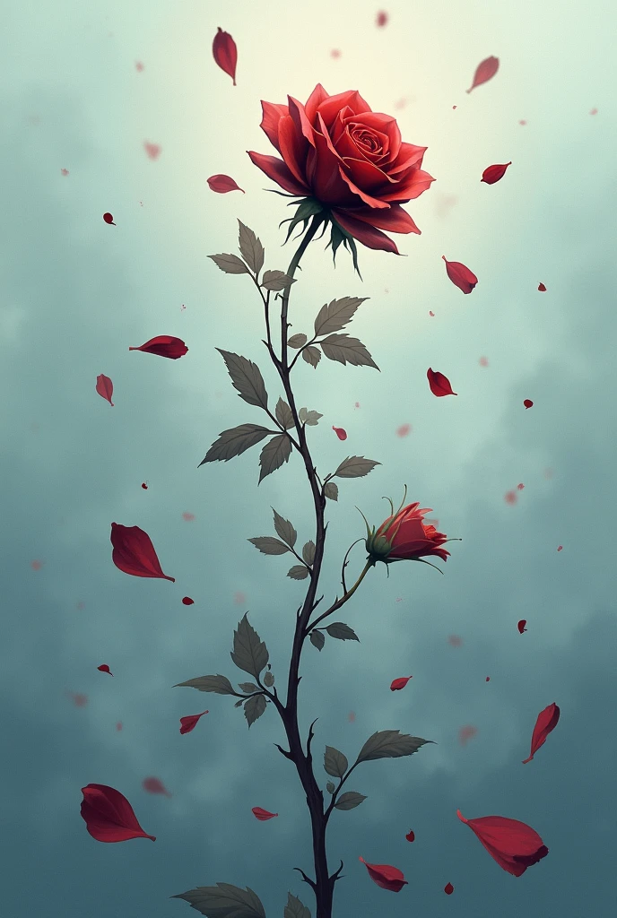 An illustration for the song "Roses are Dead" that conveys something chaotic and sad, but without being explicitly melancholic, it could have as a central element rose petals that seem to be falling or being undone. Instead of vibrant, living roses, the petals would be in muted shades, like gray, dark purple, or faded red. 

These petals could be scattered in a messy way, floating in the air or falling in a kind of chaotic spiral, symbolizing the collapse. No fundo, abstract lines or soft shapes could create a sense of movement, as if the petals were being carried by an invisible current of air.

To avoid an overly sad feeling, the background could have soft shades of blue or light gray, creating a subtle contrast with the petals. small details, like delicate traces of light or shine, you could suggest that, Even in chaos, there is a certain beauty in the process of disintegration. 

The resulting image would capture the chaos and sadness in a visually interesting way, but not oppressive, with a mix of fragility and disorder that aligns with the title "Roses are Dead".

Without a rose made. Like a single rose top in the center, its petals falling, fading away, falling apart.