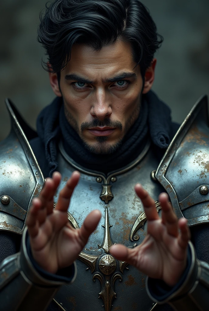 (photorealism:1.2), Attractive man, serious, black hair, blue gray eyes, Tez blanca, with full armor, and shadows coming out of his hands. very handsome