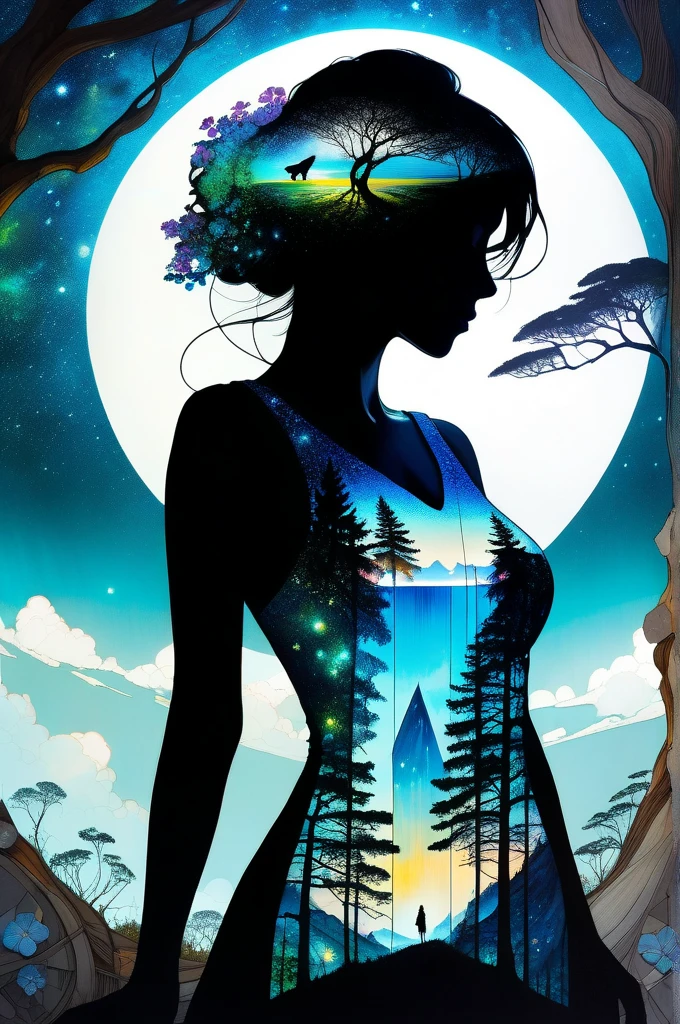 Futuristic utopia, Adventure, Aether, Kraken, Nebula, Verdant, Canvas, Spontaneous Human Combustion, Voyage, Lovely, Grateful, wolf, (Double exposure:1.3) photo of a sexy lady made of mosaic of iridescent crystal glass with sub scattering mirror surface imposing onto transparent tree hollow trunk in living brocade underbust dress made out of flowers, bokeh sky by Peter Gric, Conrad Roset, Brandon Kidwell, Andreas Lie, Dan Mountford, Dan Witz, Agnes Cecile, Jeremy Mann, fine art, super dramatic moonshine, silhouette photo illustration, amazing depth, intricate detailed fine cracked surface, stunning atmosphere, mesmerizing whimsical vibrant scenery, complex masterwork by head of prompt engineering