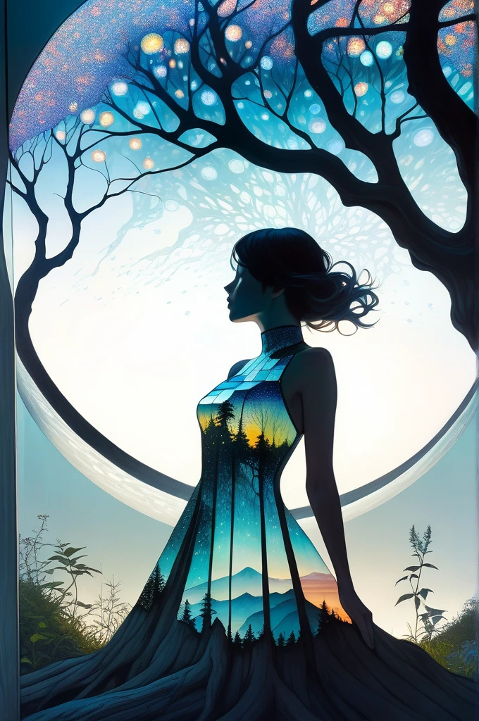 Futuristic utopia, Adventure, Aether, Kraken, Nebula, Verdant, Canvas, Spontaneous Human Combustion, Voyage, Lovely, Grateful, Forrest, (Double exposure:1.3) photo of a sexy lady made of mosaic of iridescent crystal glass with sub scattering mirror surface imposing onto transparent tree hollow trunk in living brocade underbust dress made out of winter, bokeh sky by Peter Gric, Conrad Roset, Brandon Kidwell, Andreas Lie, Dan Mountford, Dan Witz, Agnes Cecile, Jeremy Mann, fine art, super dramatic moonshine, silhouette photo illustration, amazing depth, intricate detailed fine cracked surface, stunning atmosphere, mesmerizing whimsical vibrant scenery, complex masterwork by head of prompt engineering
