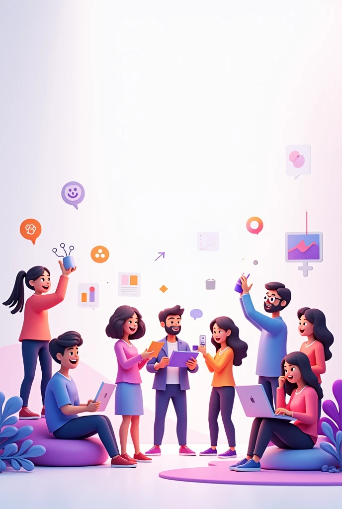 want a banner for your website that showcases learning and designing concepts related to Figma, LinkedIn, and Canva. Here's an idea:

Image description: A colorful banner featuring a group of small 3D cartoon humans engaged in various design-related activities, such as:


- One character designing a logo on Canva
- Another character creating a wireframe on Figma
- A third character networking on LinkedIn
- Others collaborating, brainstorming, and celebrating their design successes

The banner could include visual elements like colorful shapes, lines, and icons related to design and learning. The overall style could be playful, modern, and engaging, conveying the fun and creative aspects of learning design skills. 
In landscape 4:3  format i want keep white and purple colour pallet only 
