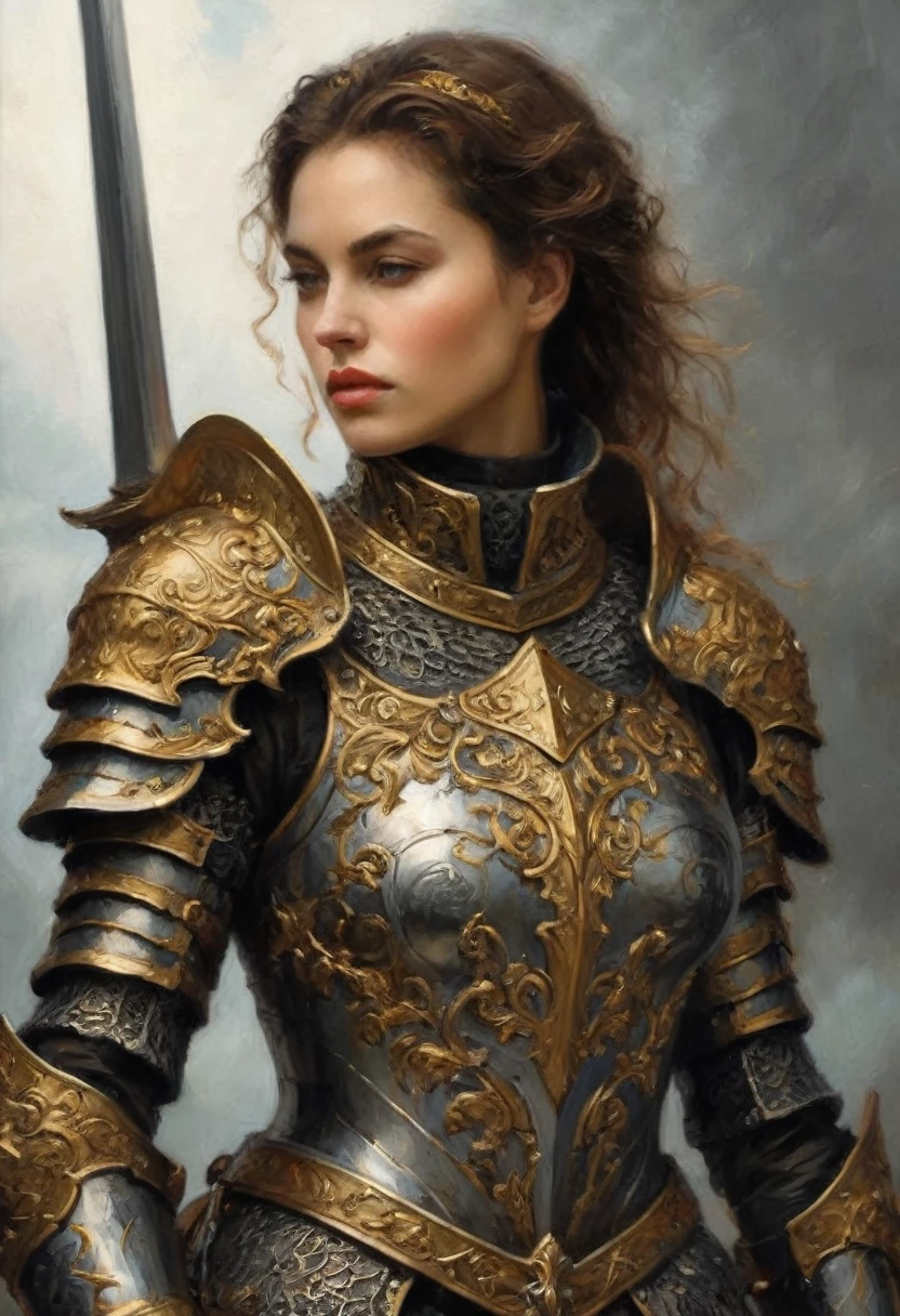 a close up of a woman in armor with a sword, stunning armor, wearing fantasy armor, very stylish fantasy armor, gold heavy armor. dramatic, beautiful armor, fantasy armor, black and gold armor, gothic armor, wearing ornate armor, intricate armour costumes, female armor, ornate gothic armor, ornate , wearing louis vuitton armor, girl in knight armor