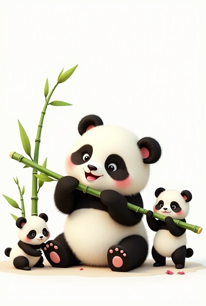 A cute panda eating bamboo isolated in the white background with two small panda