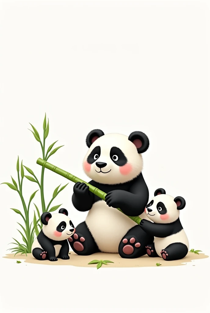 A cute panda eating bamboo isolated in the white background with two small panda
