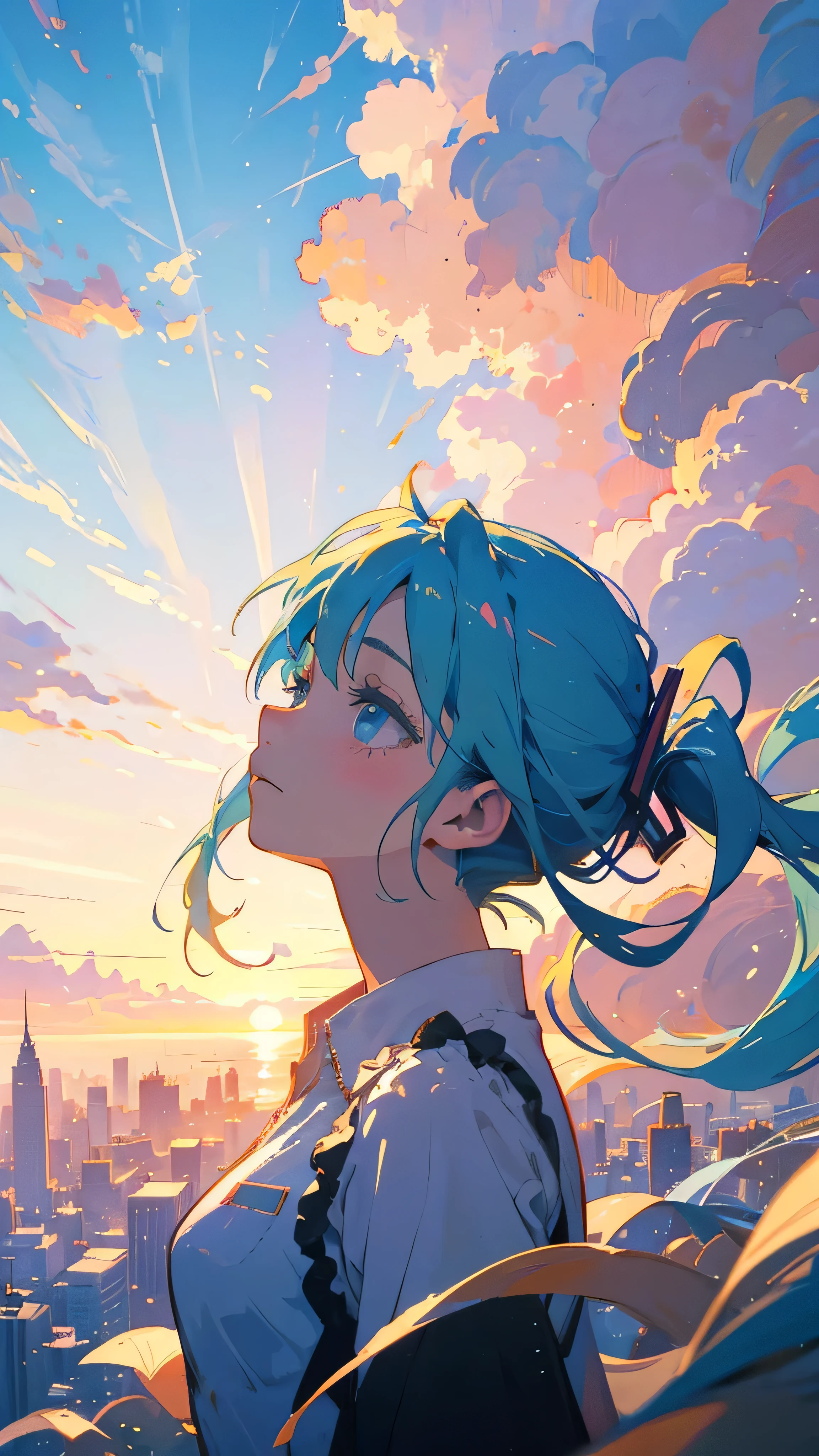 (masterpiece,best quality:1.4), high resolution,super fine illustration, detailed skin, detailed face, detailed eyes,"Describe a serene scene of Hatsune Miku gazing up at the sky at dawn, with soft rays of sunlight filtering through the clouds.The atmosphere is calm and peaceful, with a gentle breeze rustling through the city. Hatsune Miku's hair and dress flow gracefully in the wind, and there is a sense of tranquility and sadness in her expression."
